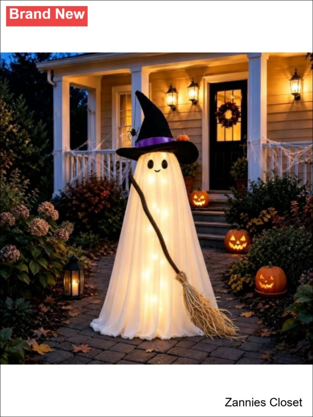👻 Light-Up Ghost Halloween Decoration with Witch Hat & Broom, 8 Lighting Modes